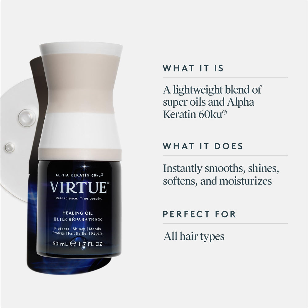 Droplet close-up of VIRTUE Healing Oil showing fast-absorbing texture