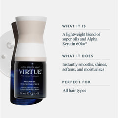 Droplet close-up of VIRTUE Healing Oil showing fast-absorbing texture