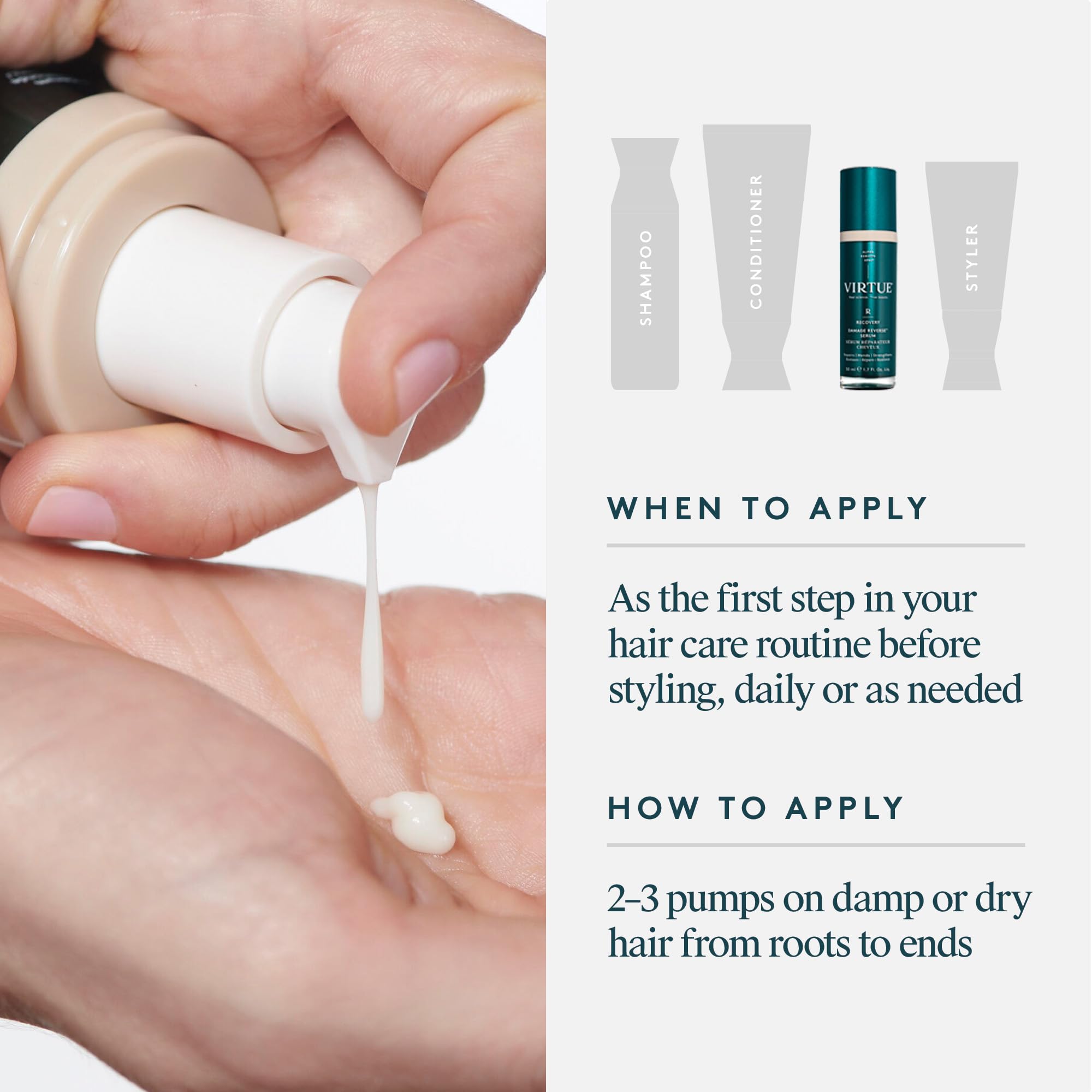 VIRTUE Recovery Damage Reverse Hair Serum applied to damp roots