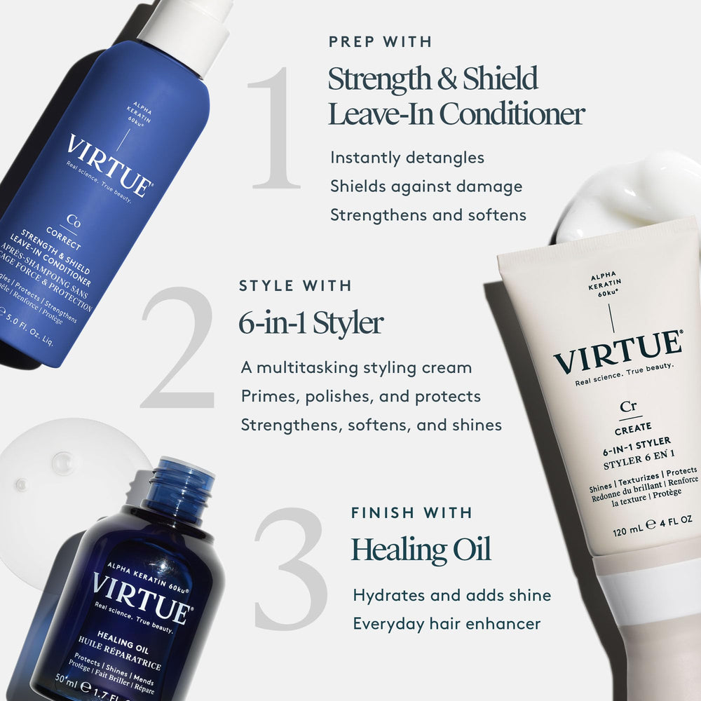 VIRTUE Strength and Shield cuticle boost strengthens strands and enhances texture.