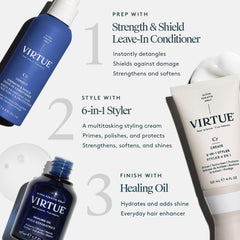 VIRTUE Strength and Shield cuticle boost strengthens strands and enhances texture.