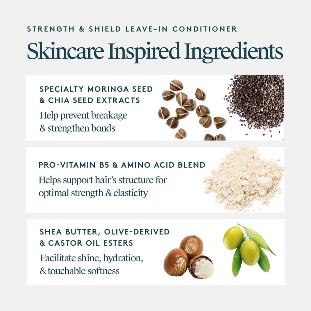 VIRTUE Strength and Shield detangles hair for reduced snags and smoother combing.