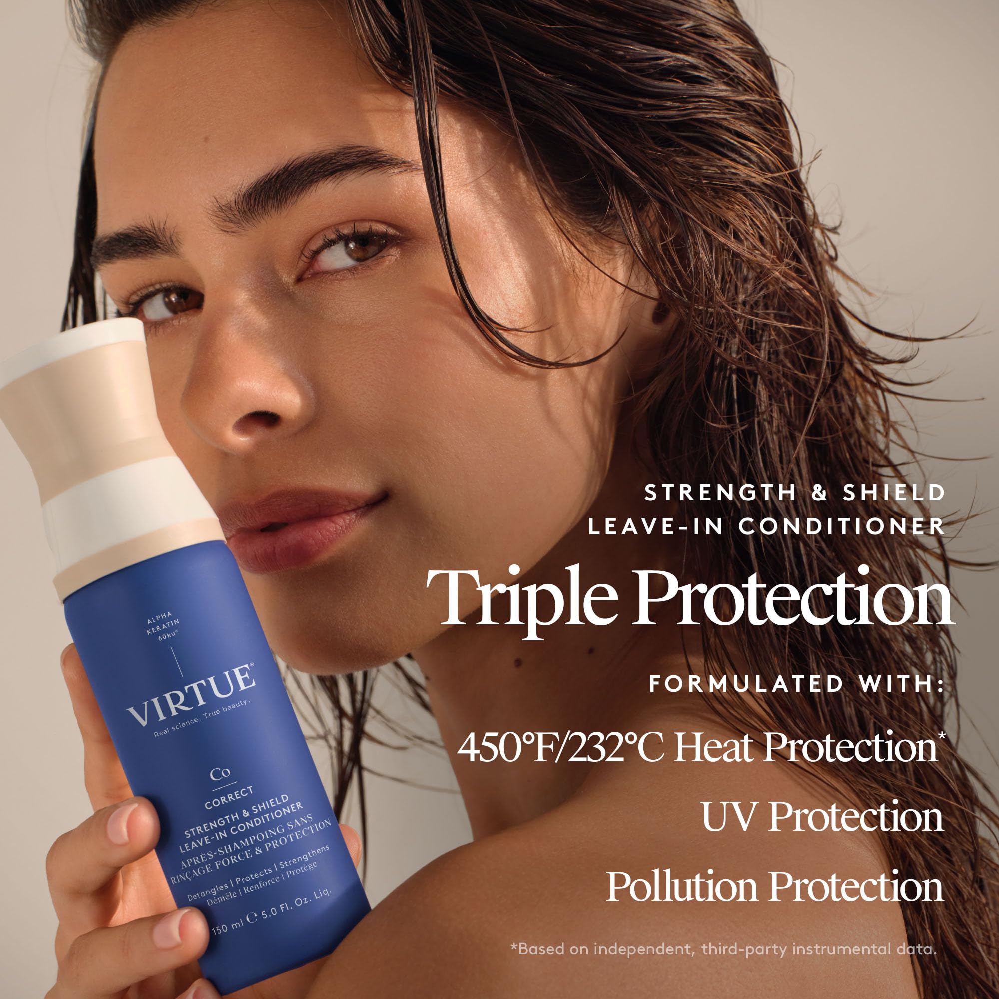 VIRTUE Strength and Shield protects against UV and pollution exposure for healthier-looking hair.