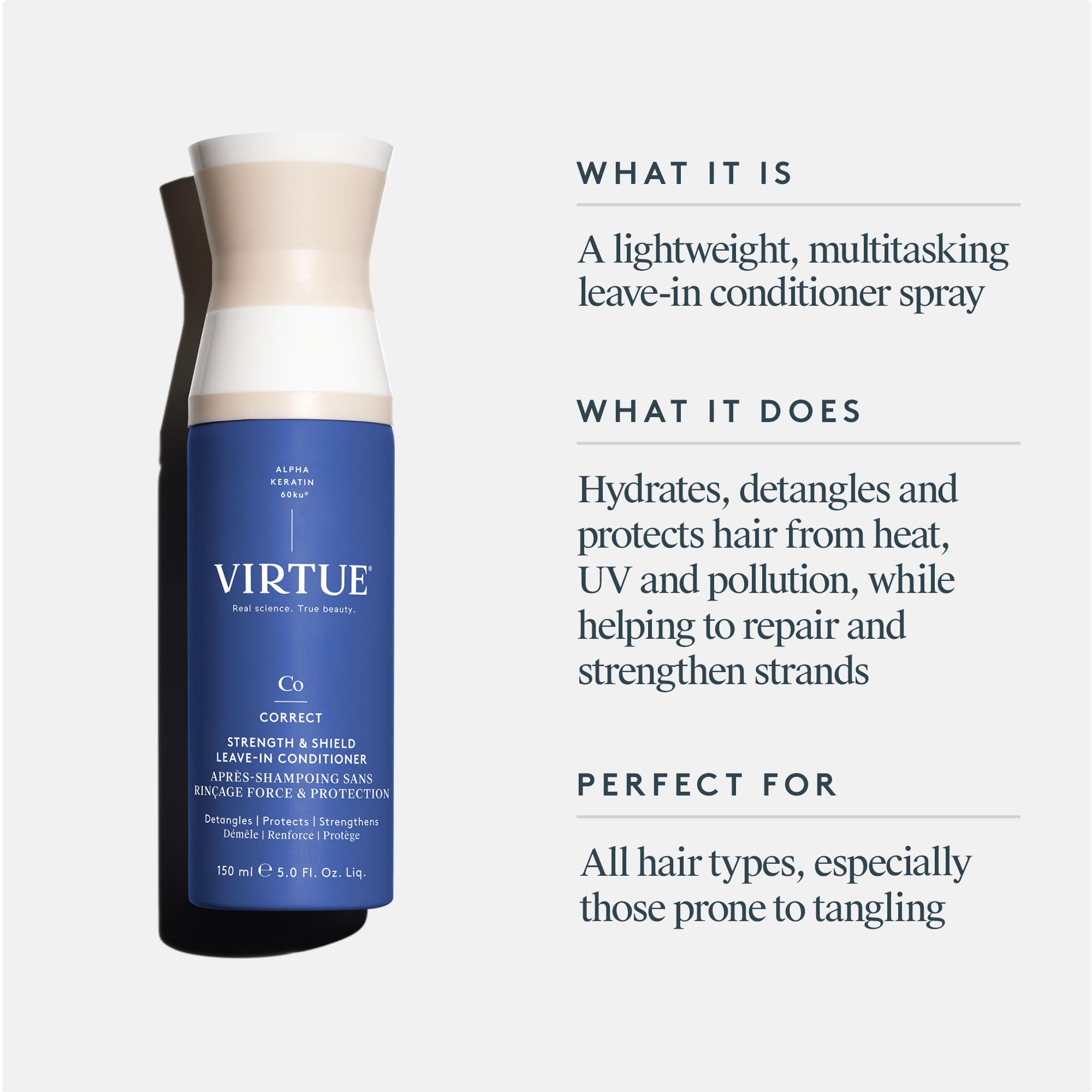 VIRTUE Strength and Shield Leave-In spray demonstrates lightweight conditioning for easy styling.