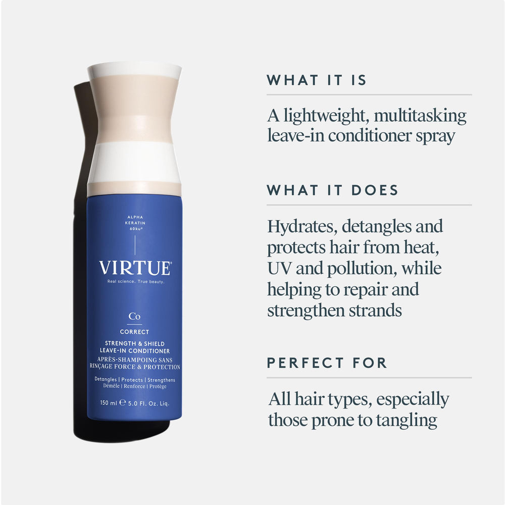 VIRTUE Strength and Shield Leave-In spray demonstrates lightweight conditioning for easy styling.