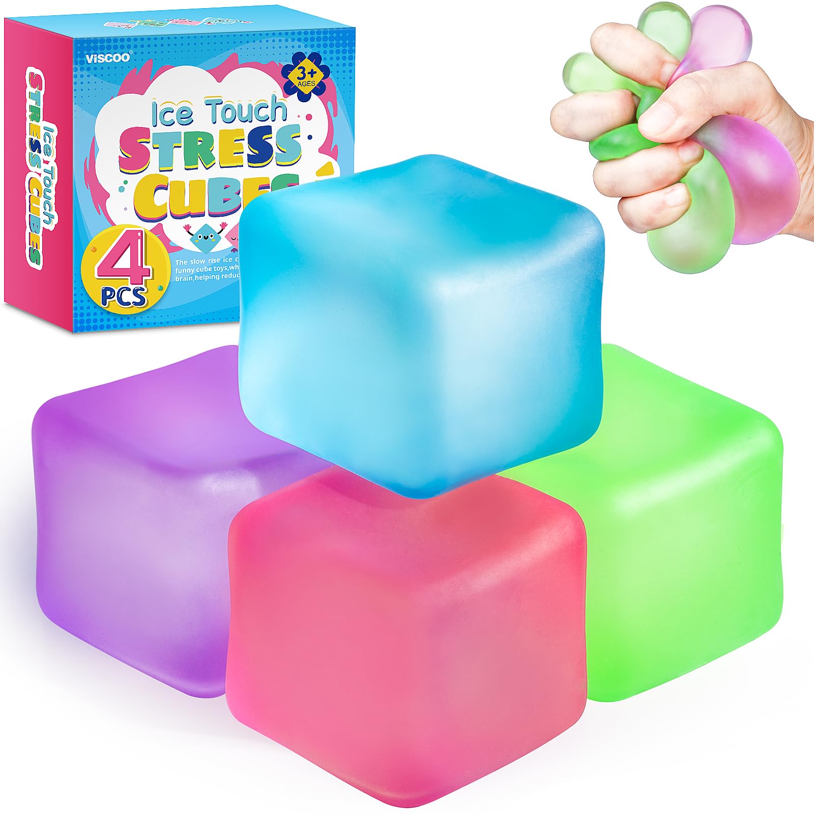 Viscoo four-pack stress cubes in a gift box for calming focus and portable relief.