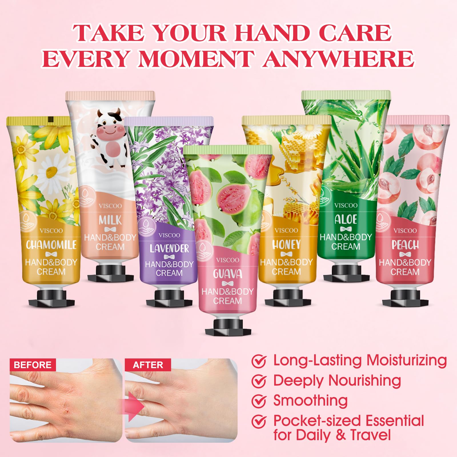VISCOO lavender hand cream highlighting calming fragrance and quick absorption.