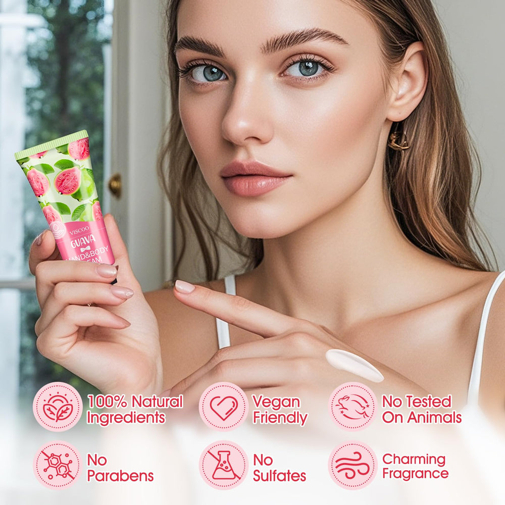 VISCOO peach hand cream featuring fruity aroma and non-greasy hydration.