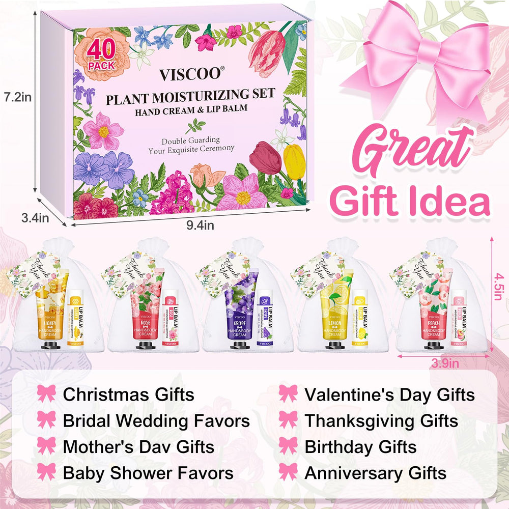 Viscoo wedding party favors display featuring hand creams and lip balms