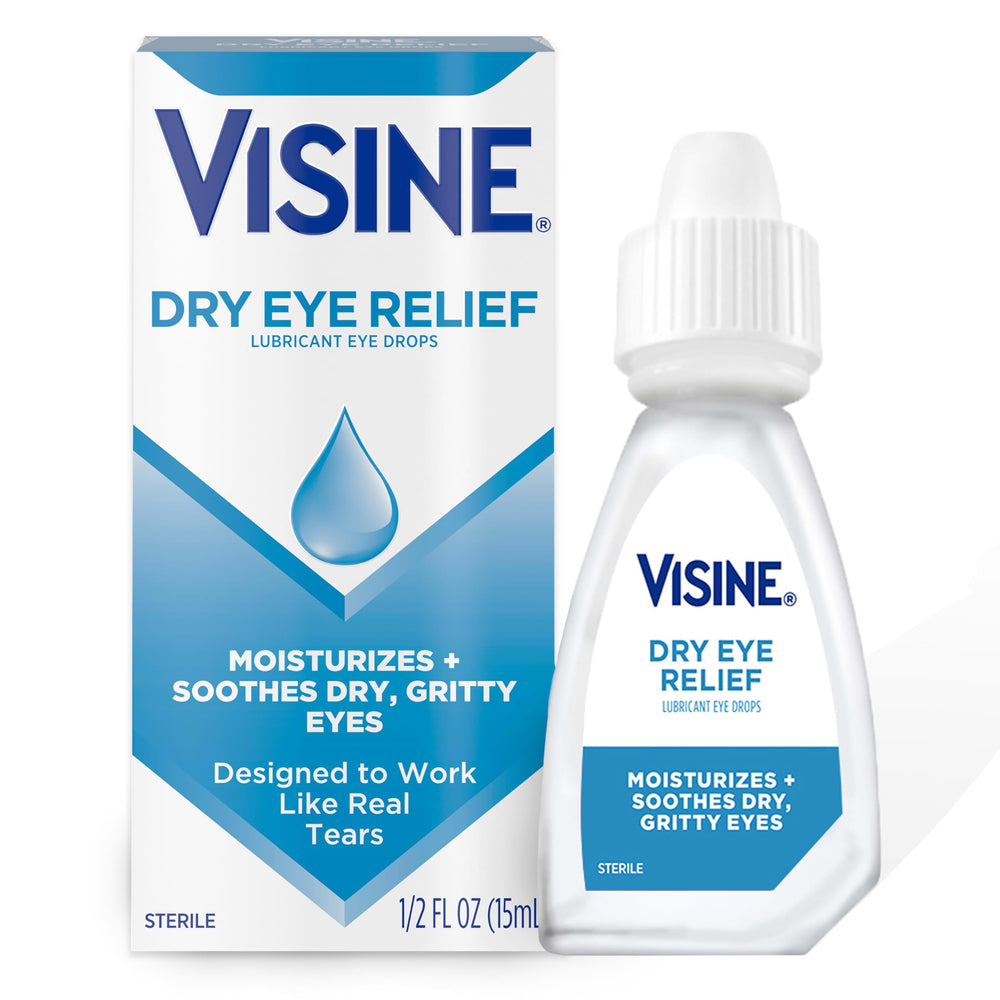 Visine Dry Eye Relief bottle close-up showcasing compact moisture for dry eyes.