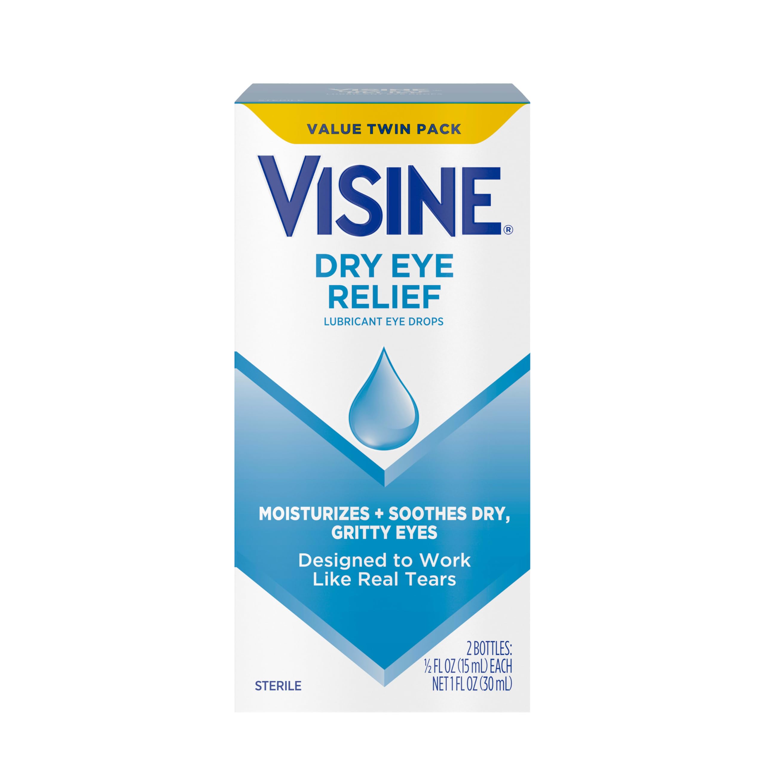 Visine Dry Eye Relief bottle front shows portable relief for on-the-go use