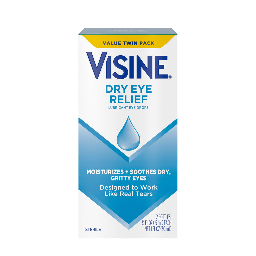 Visine Dry Eye Relief bottle front shows portable relief for on-the-go use