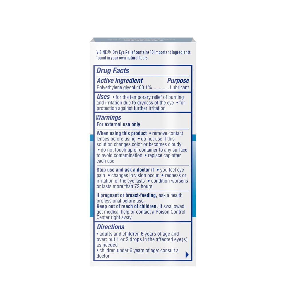 Visine Dry Eye Relief packaging showing easy dispensing for fast relief.