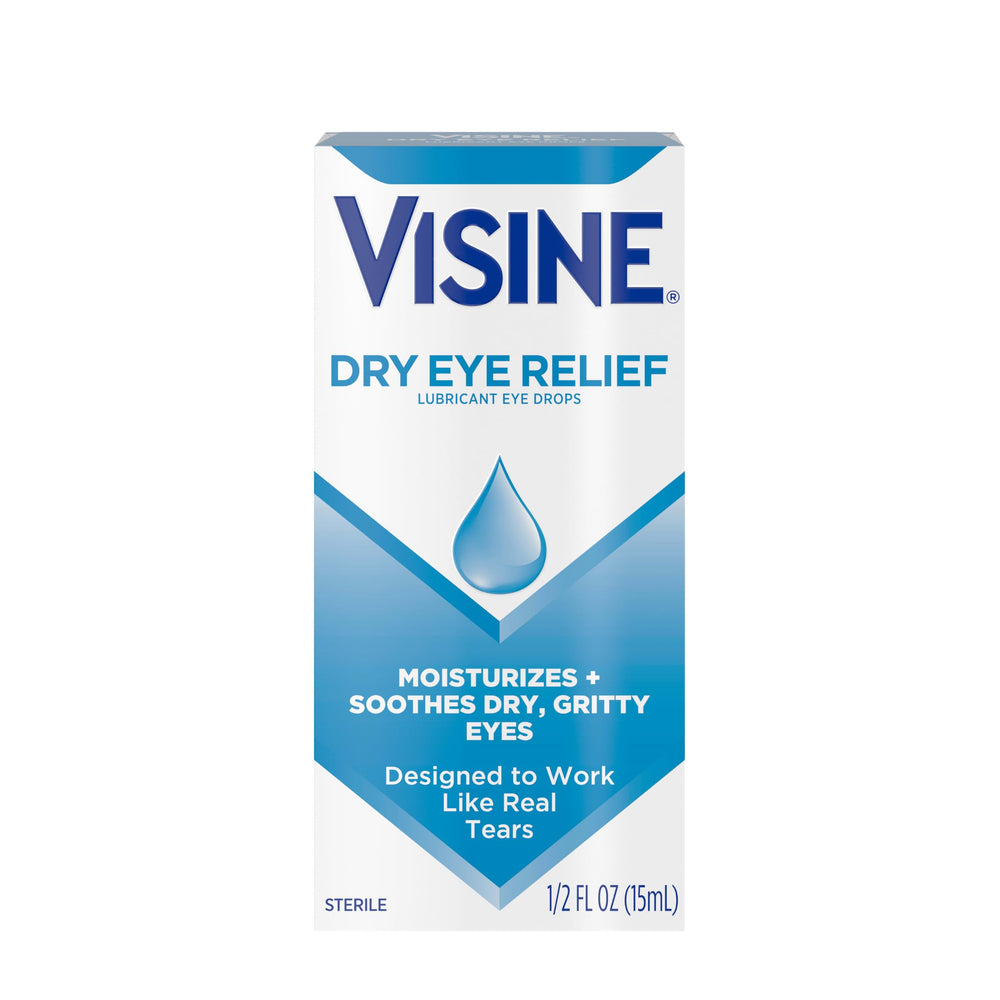 Visine Dry Eye Relief used at computer to combat screen dryness.