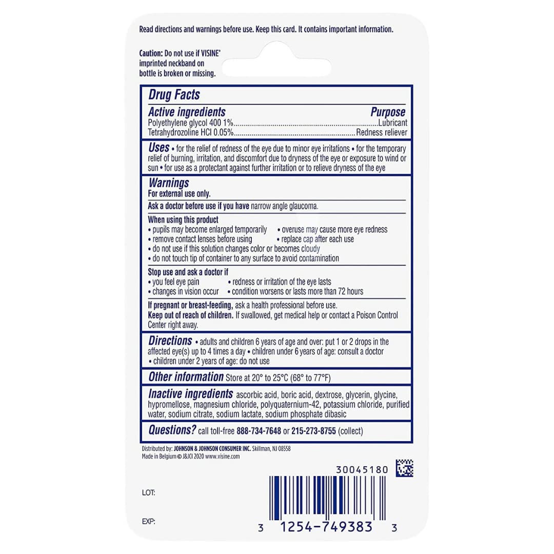 Visine label and compact bottle prepared for travel or home use.