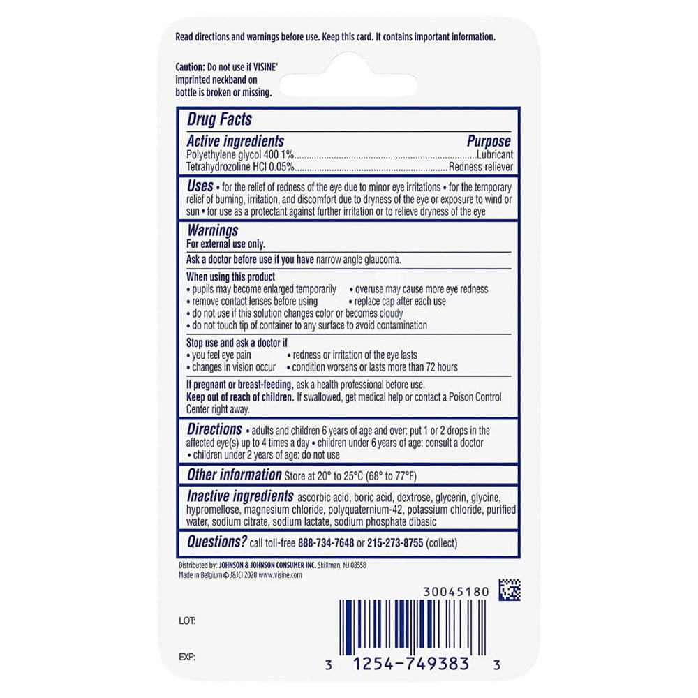 Visine label and compact bottle prepared for travel or home use.