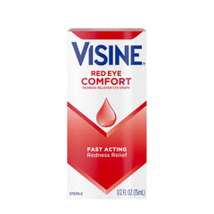 Visine red eye bottle closeup showing fast redness relief in 60 seconds