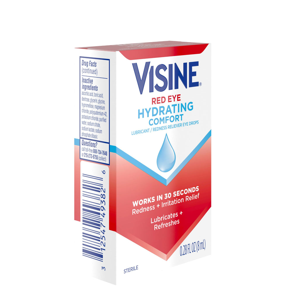 Visine Red Eye Hydrating Droplet on lid illustrates precise application and quick relief.