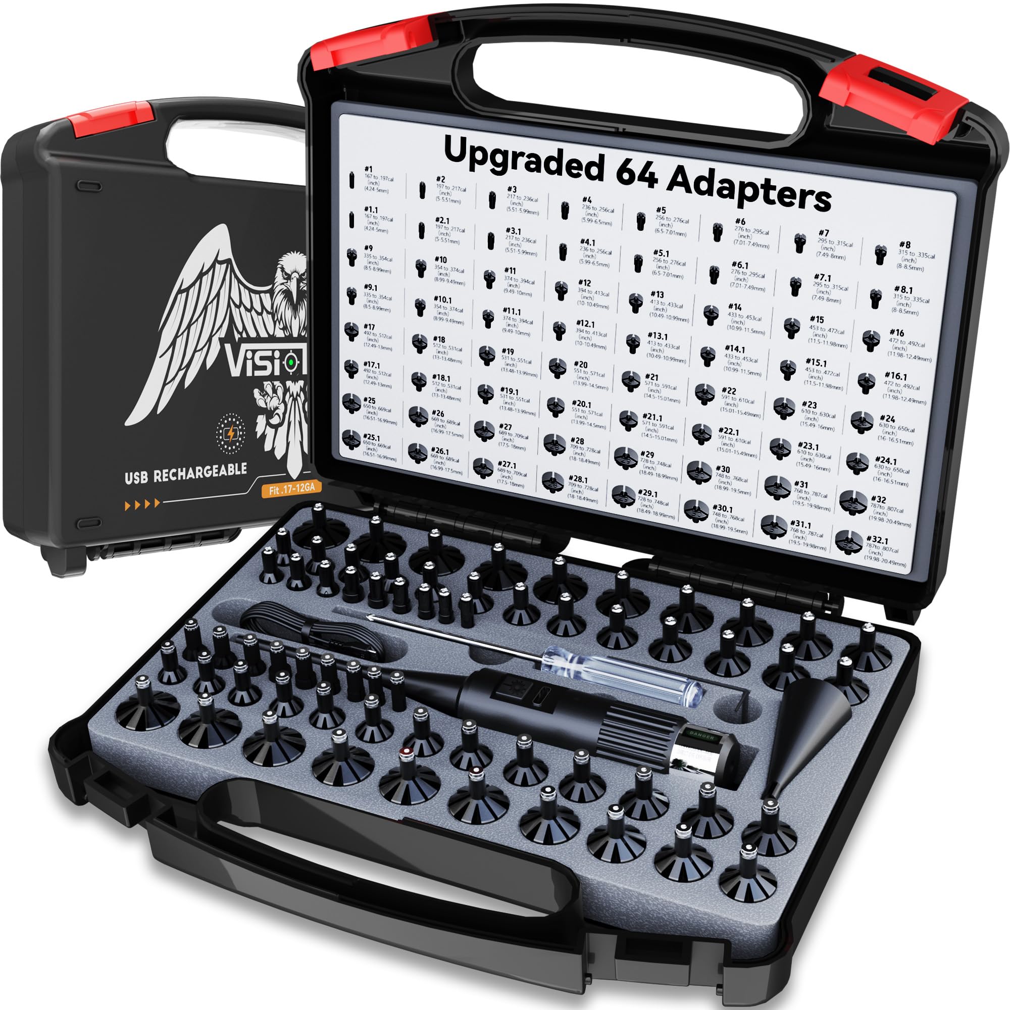Visiofire bore sight kit with 64 adapters enables quick multi-caliber zeroing with a bright green laser.