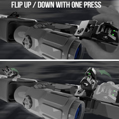 Visiofire flip-up mechanism with spring-loaded action for fast deployment.