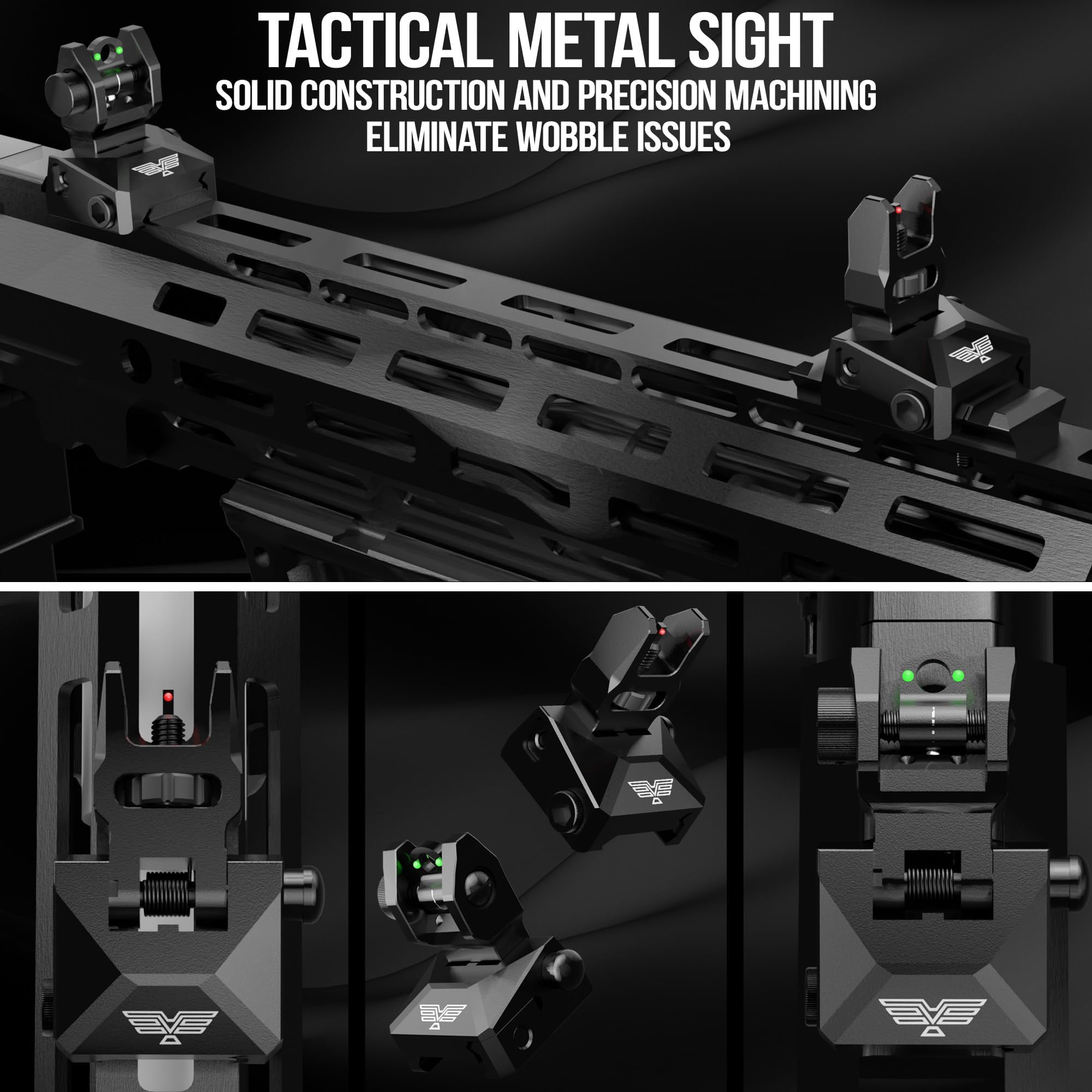 Visiofire rear flip-up sight with spring-loaded deployment for quick alignment.