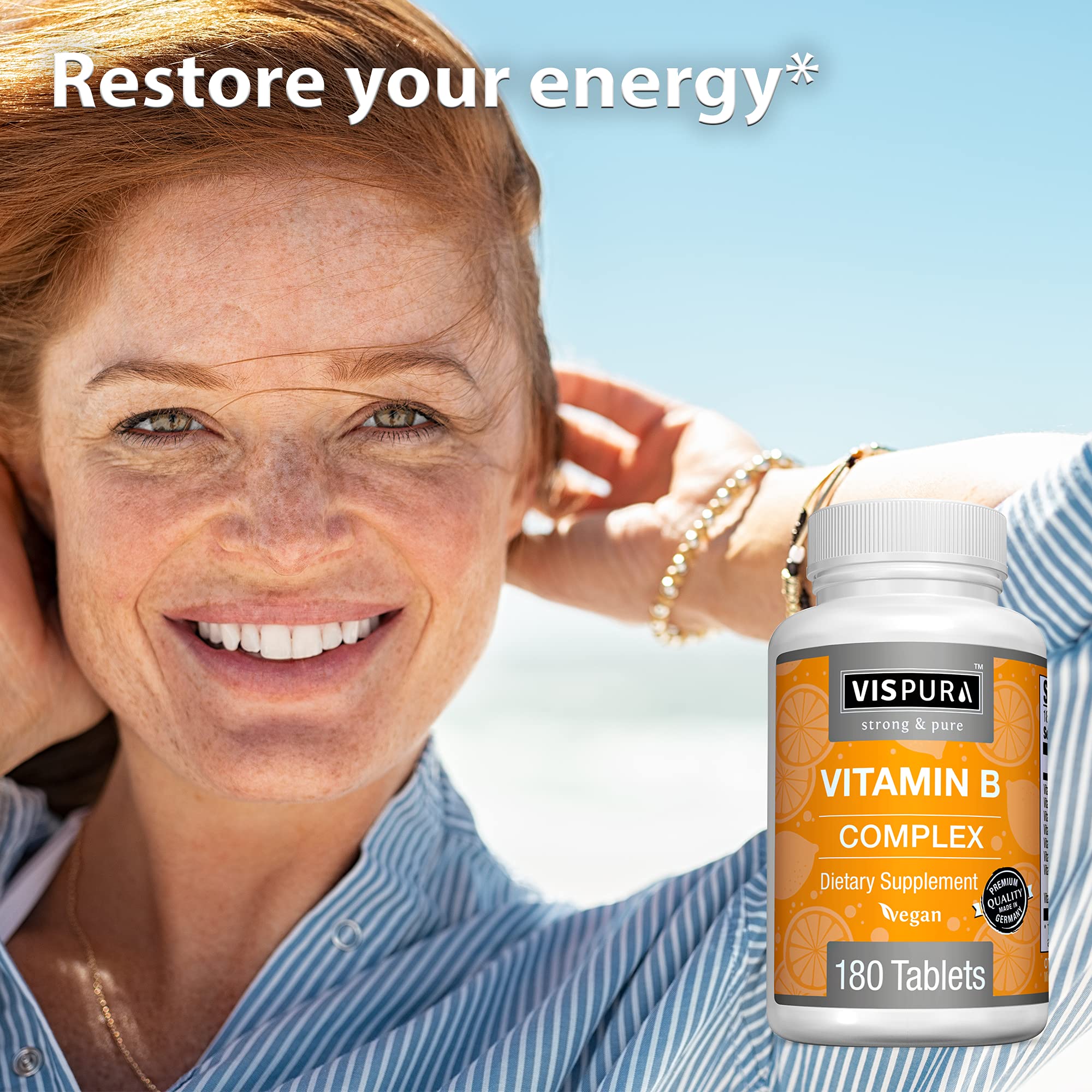VISPURA Vitamin B-Complex bottle contains 180 tablets for daily use.