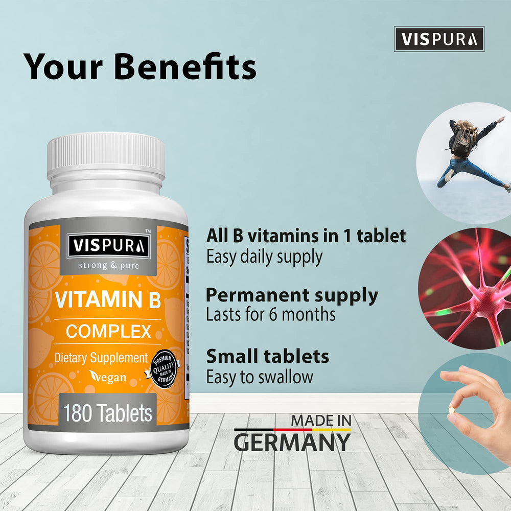 VISPURA Vitamin B-Complex tablets close-up with vegan formula.