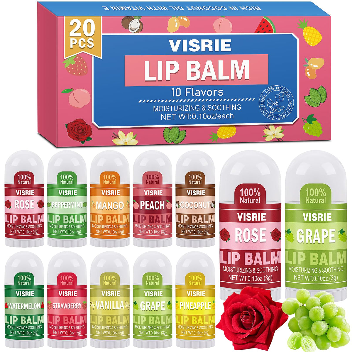 VISRIE 20-pack mini lip balms in assorted flavors for on-the-go moisture
