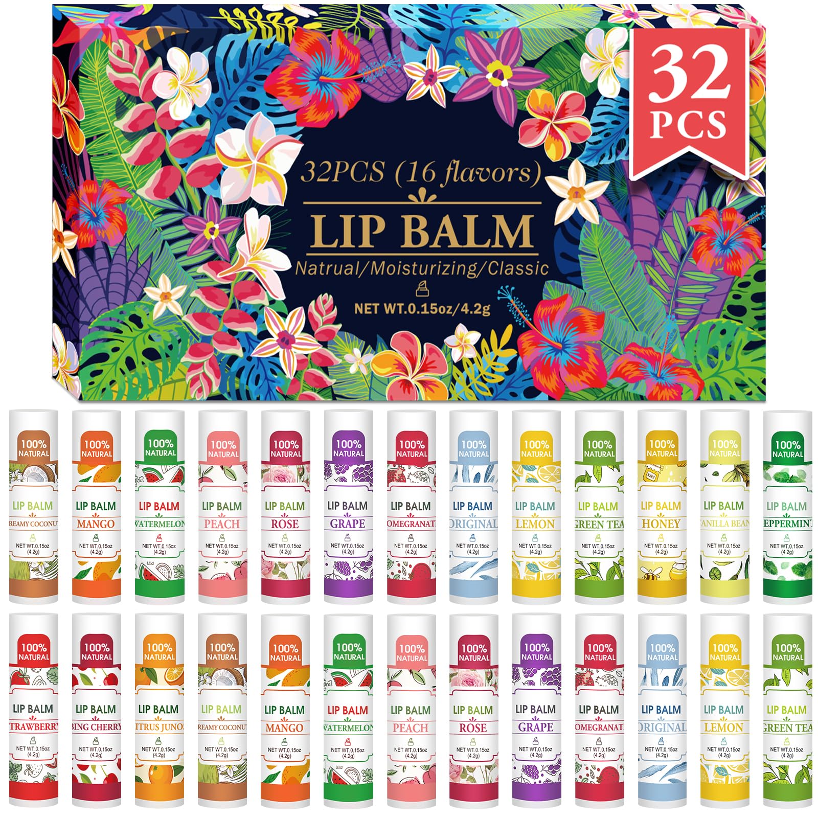 VISRIE 32-pack lip balm set showing varied flavors for daily moisture