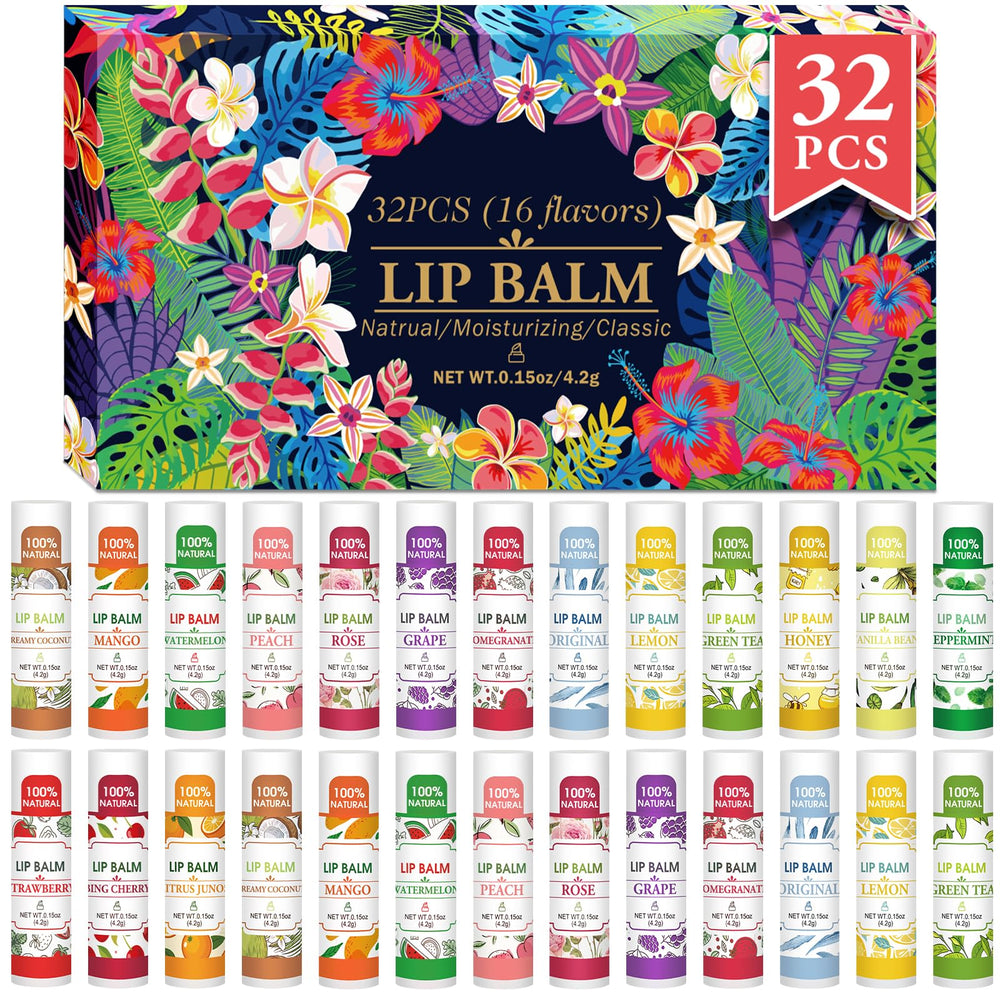 VISRIE 32-pack lip balm set showing varied flavors for daily moisture