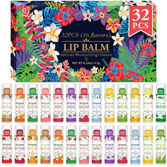 VISRIE 32-pack lip balm set showing varied flavors for daily moisture