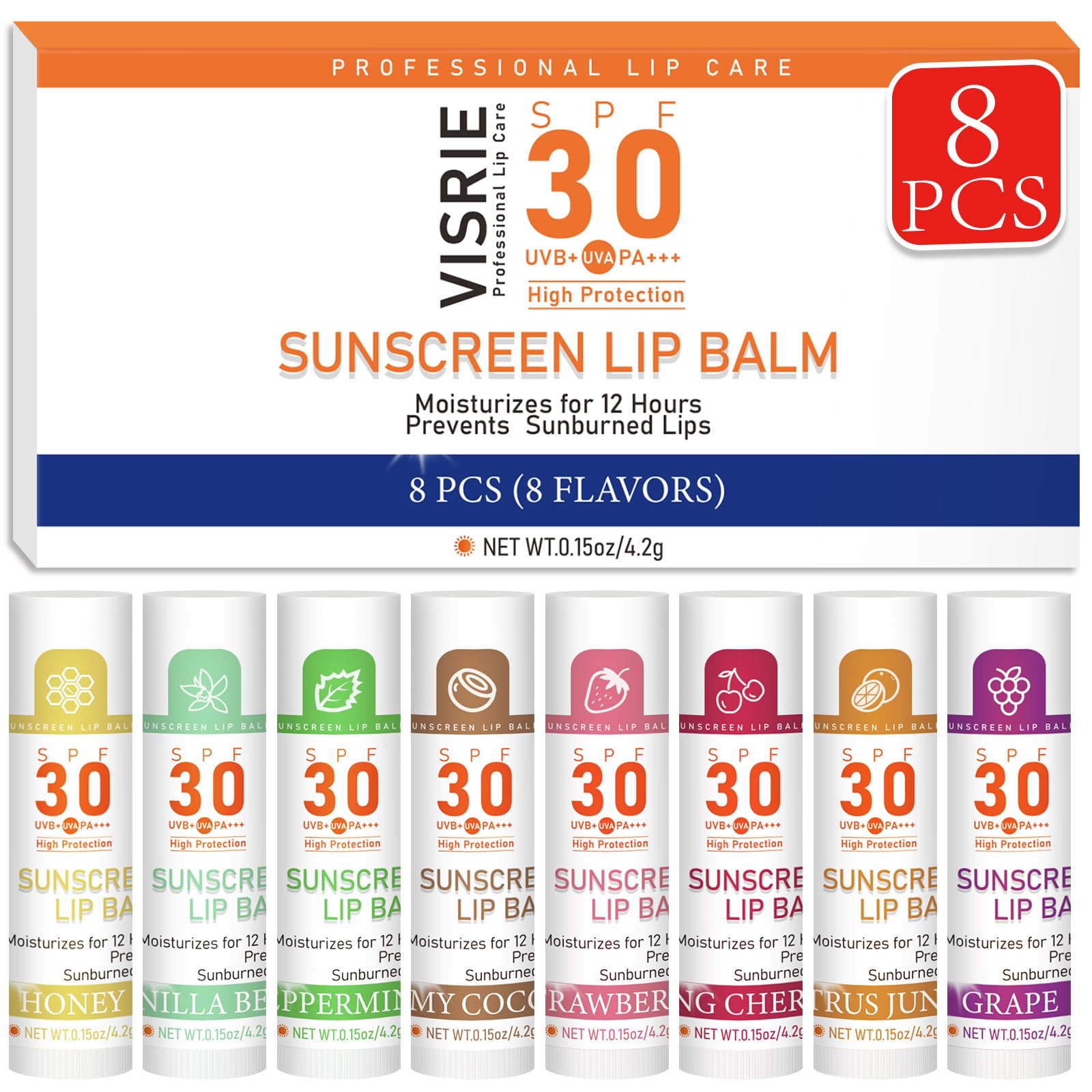 VISRIE SPF 30 lip balm 8-pack front view, ready for sun lip care on the go