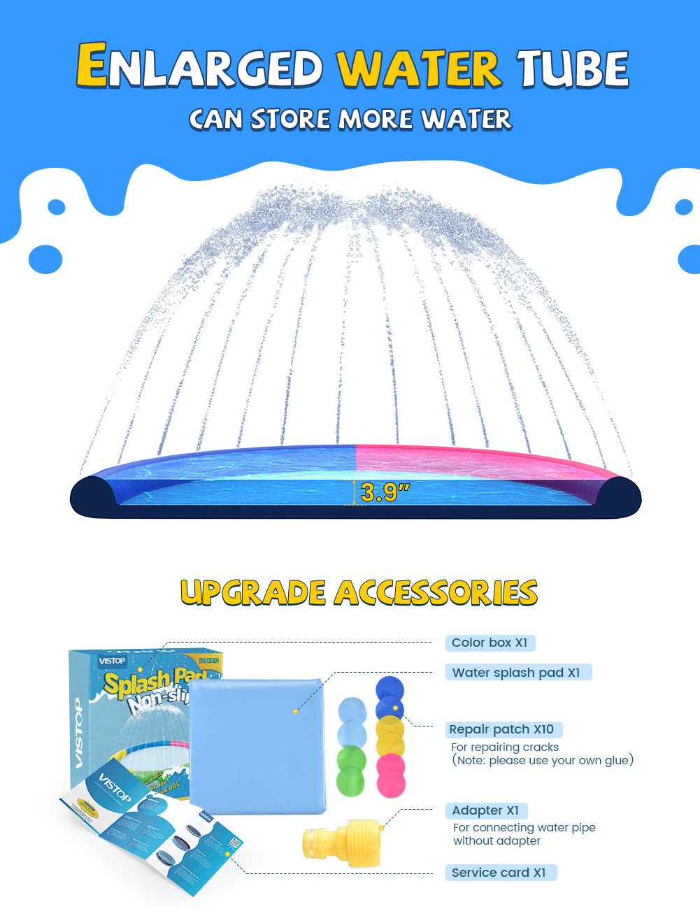 VISTOP adjustable spray direction for inward or outward water flow.