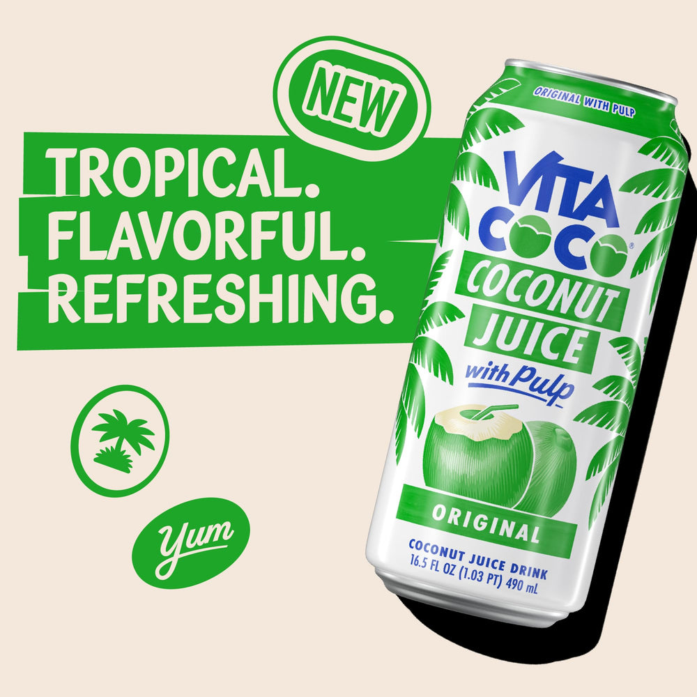 Vita Coco Original with Pulp glass with pulp showing texture and fruitiness