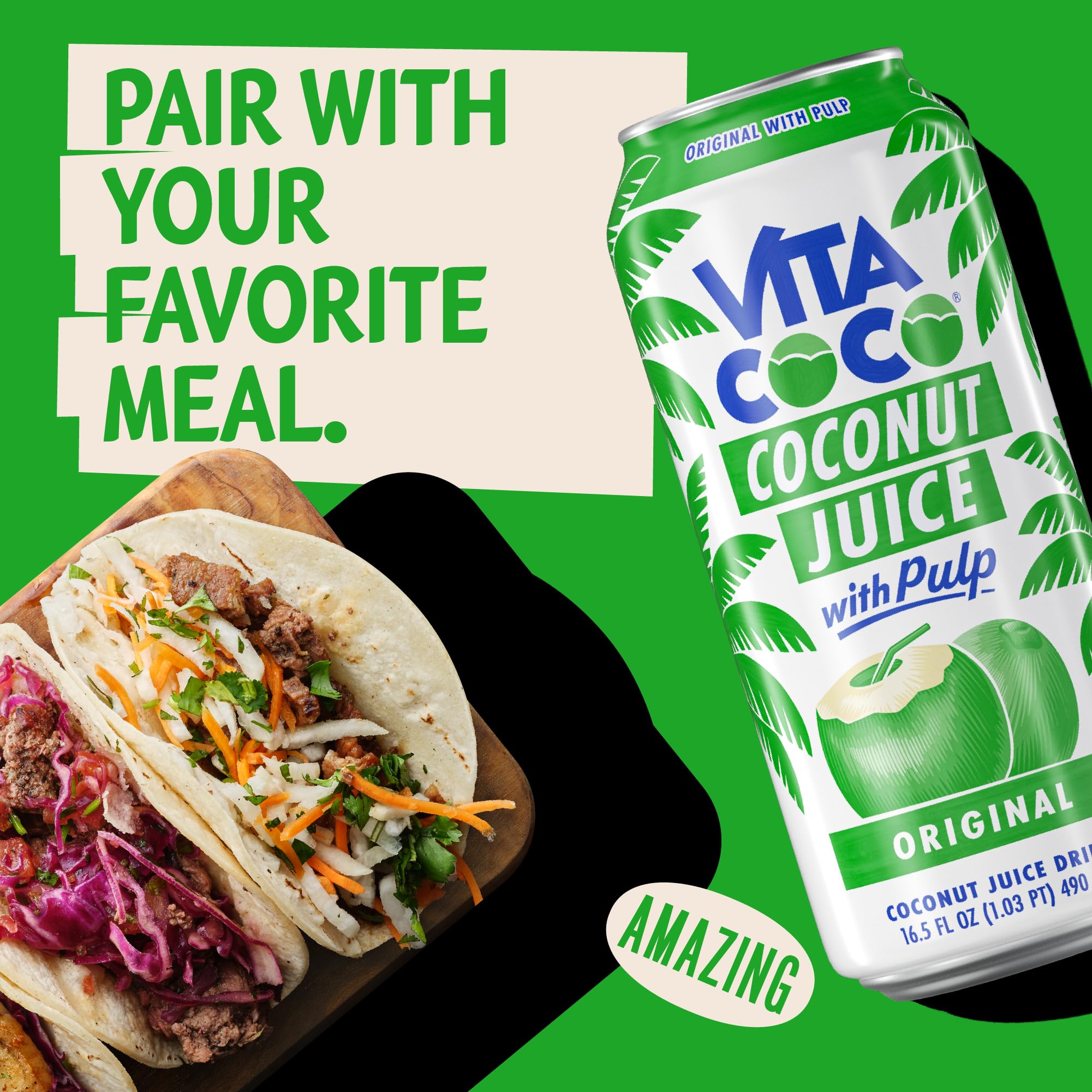 Vita Coco Coconut Juice Original with Pulp packaging beside nutrition panel highlighting vitamins