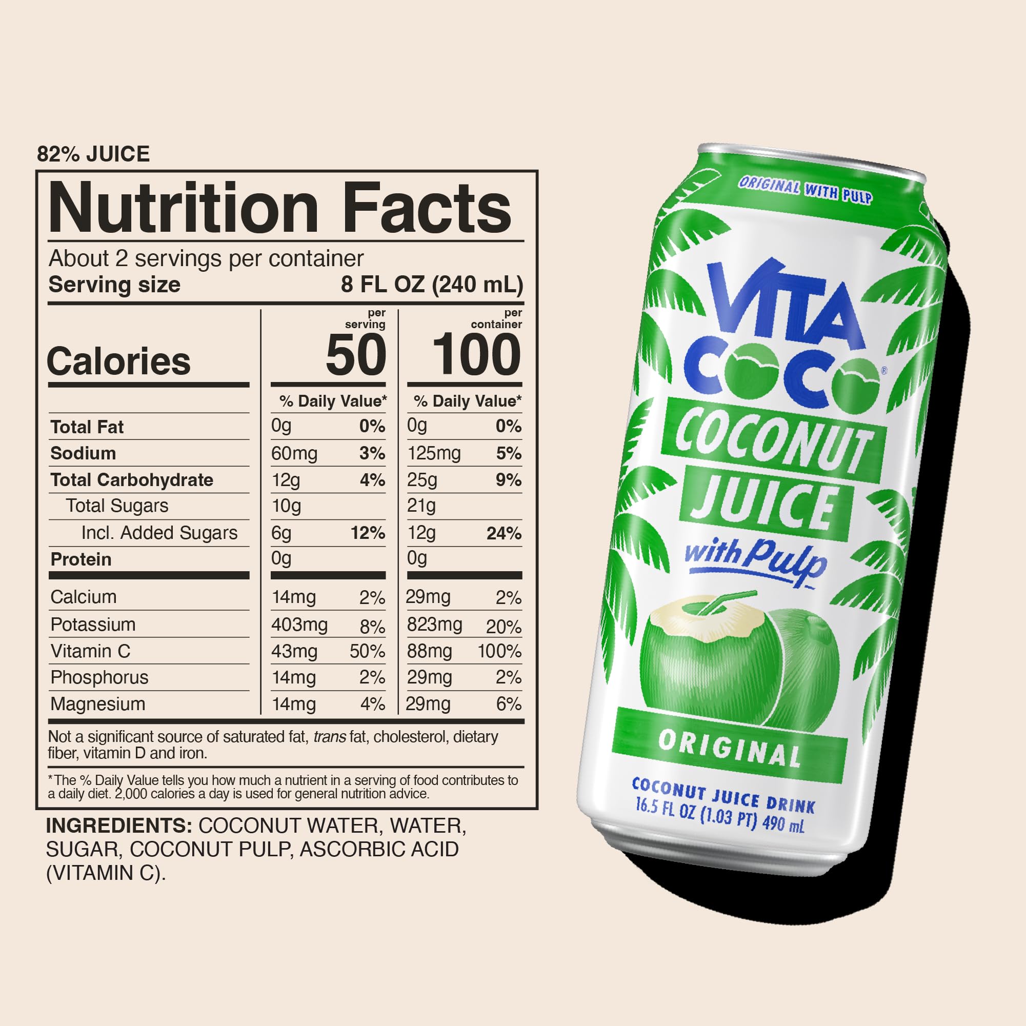 Vita Coco Coconut Juice Original with Pulp being poured into a glass for rich flavor