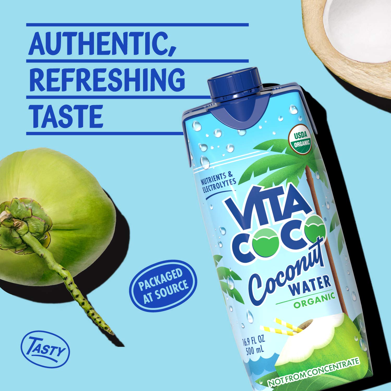 Vita Coco coconut water on a sunlit beach for tropical hydration
