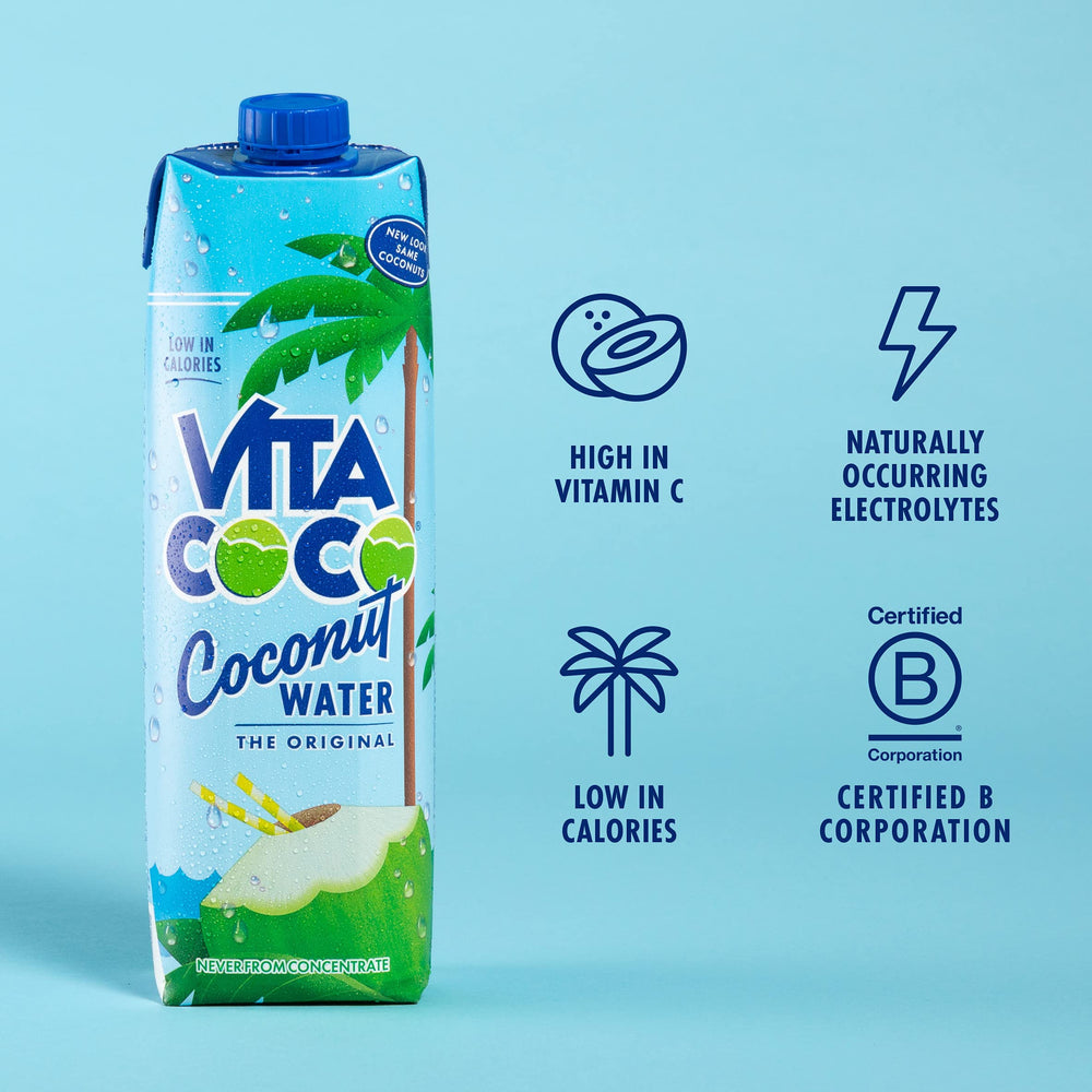 Vita Coco Original bottle back highlights nutrition facts and zero fat.