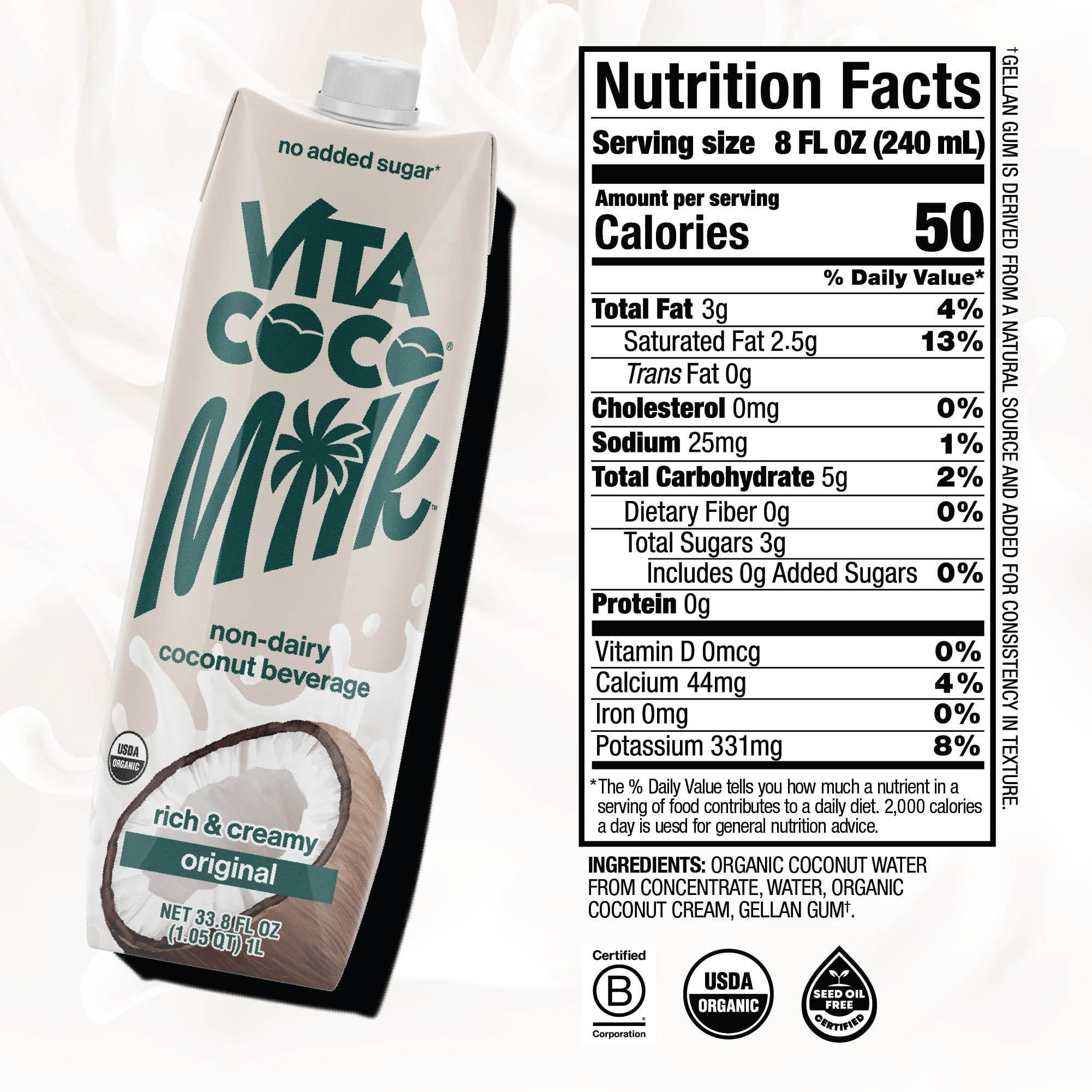 Vita Coco Original Coconut Milk label highlights organic, non-GMO, and no added sugar