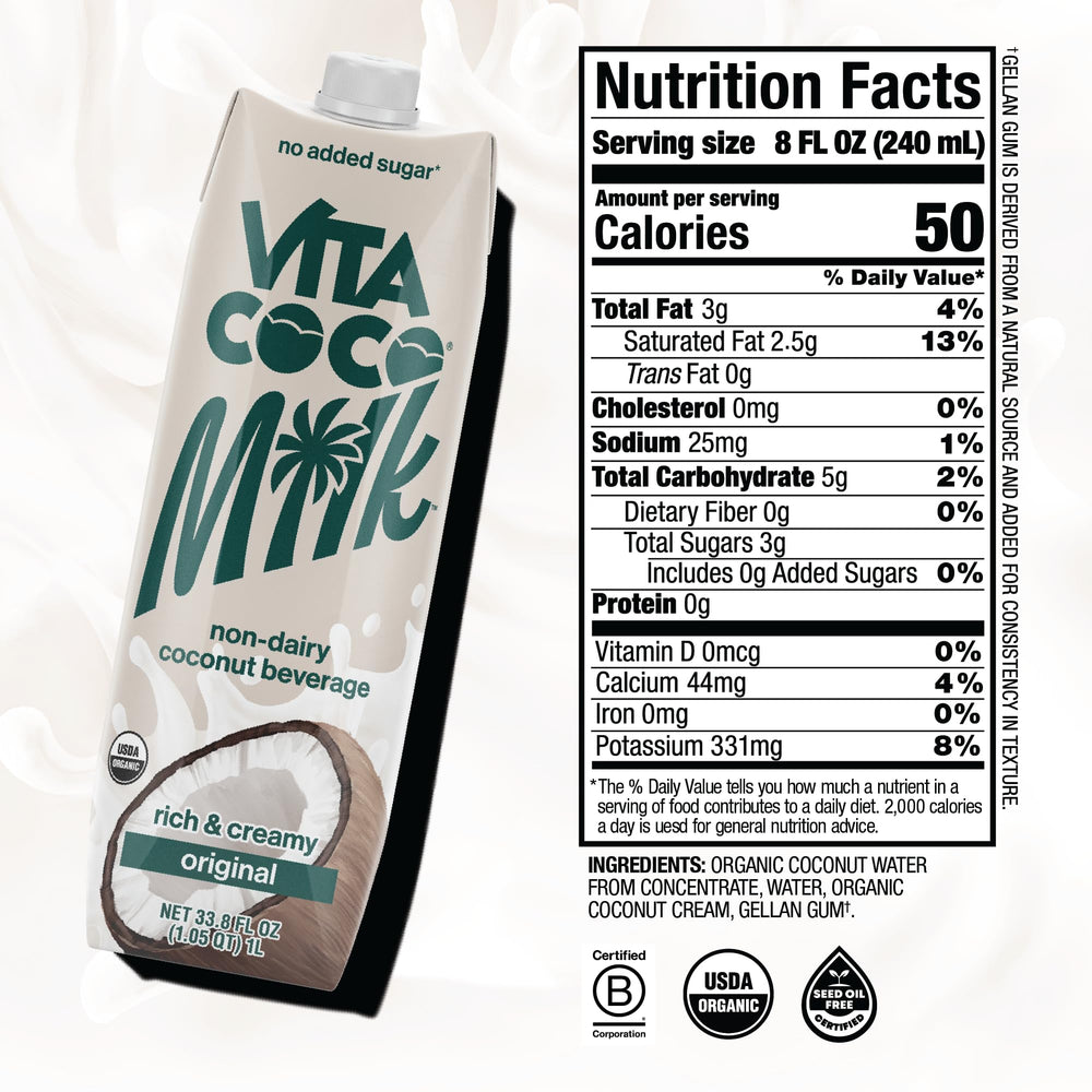 Vita Coco Original Coconut Milk label highlights organic, non-GMO, and no added sugar