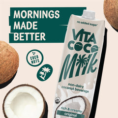 Vita Coco Original Organic Coconut Milk being poured into a glass, dairy-free option