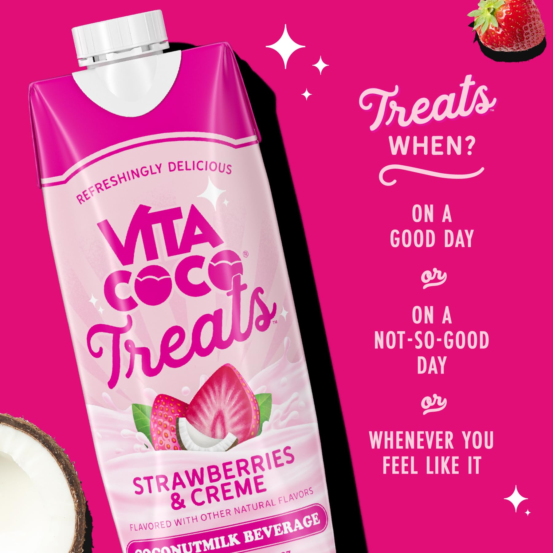 Vita Coco Treats packaging featuring vibrant pink branding and recyclable packaging.