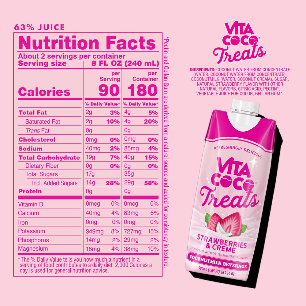 Vita Coco Treats pink drink in a glass, ideal for a mid-day pick-me-up.
