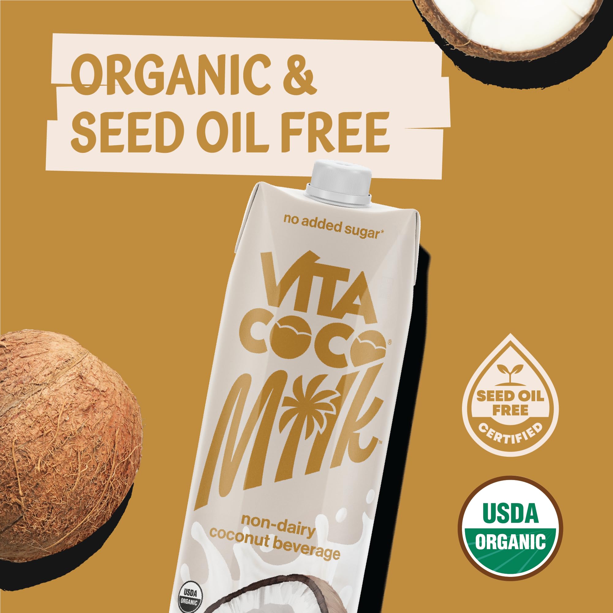 Vita Coco Vanilla Coconut Milk carton shows gluten-free and soy-free icons