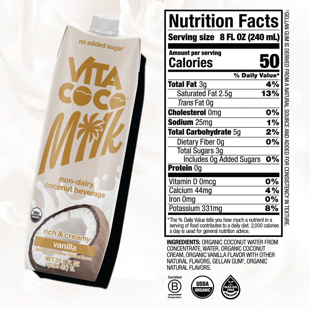 Vita Coco Vanilla Coconut Milk being poured for smooth, dairy-free drinks