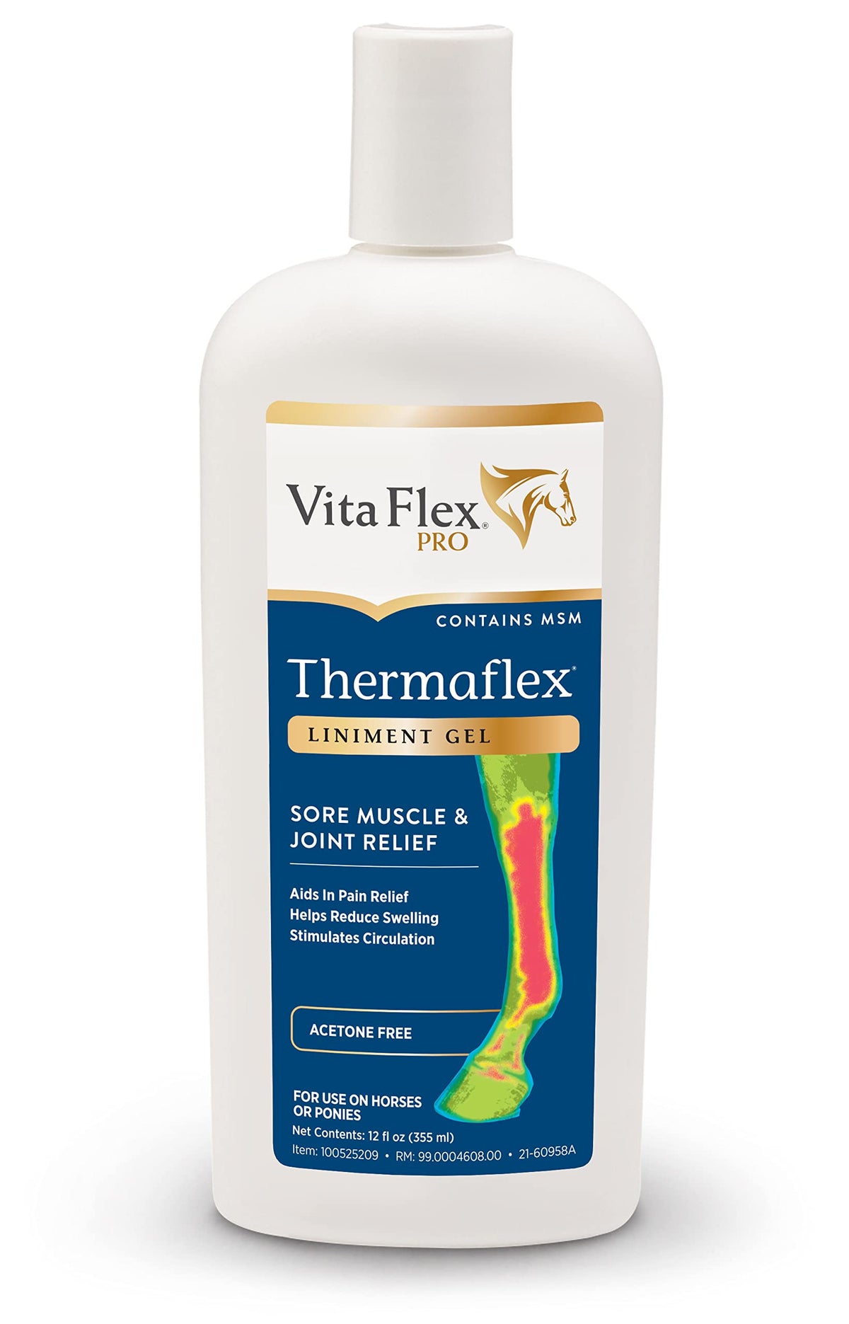 Vita Flex Thermaflex gel tube 12oz close-up showing cooling then warming for horse comfort.