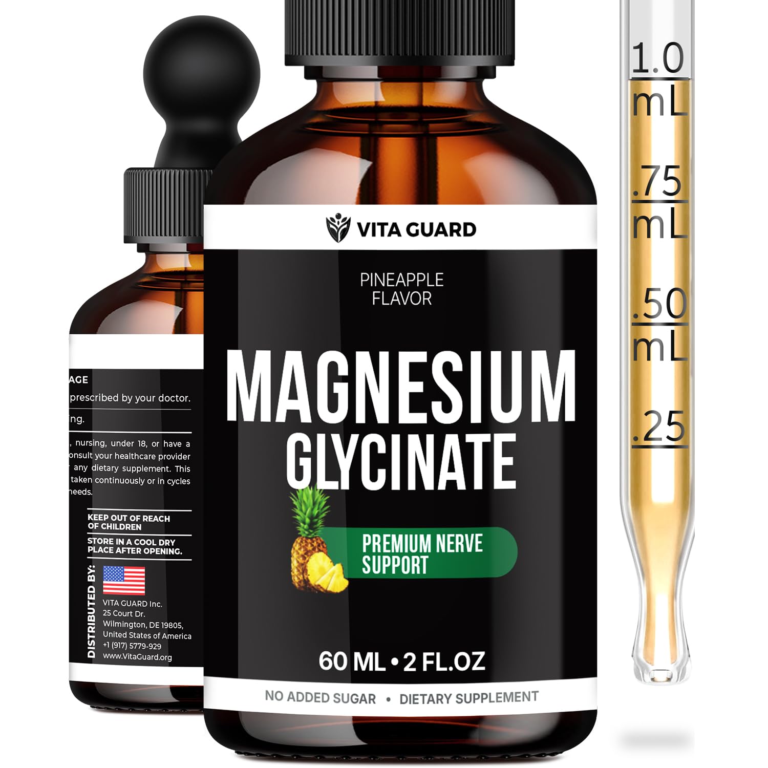 Vita Guard magnesium glycinate liquid drops bottle in pineapple flavor for daily use