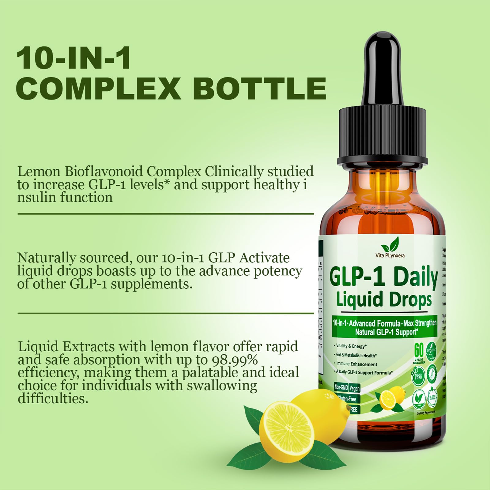 Vita PLynxera GLP-1 Drops ingredients panel showcasing Berberine and Cinnamon