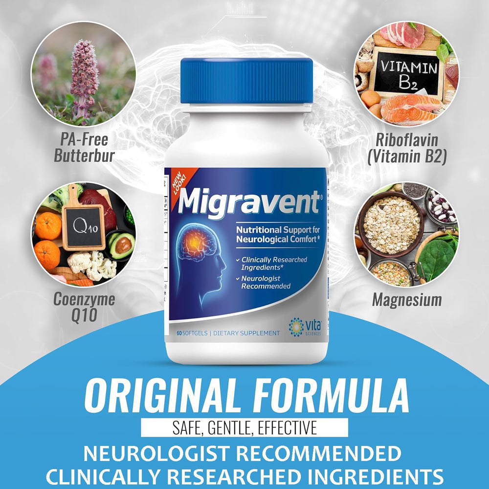 NSF and GMP certified Migravent badge on bottle indicating quality standards.