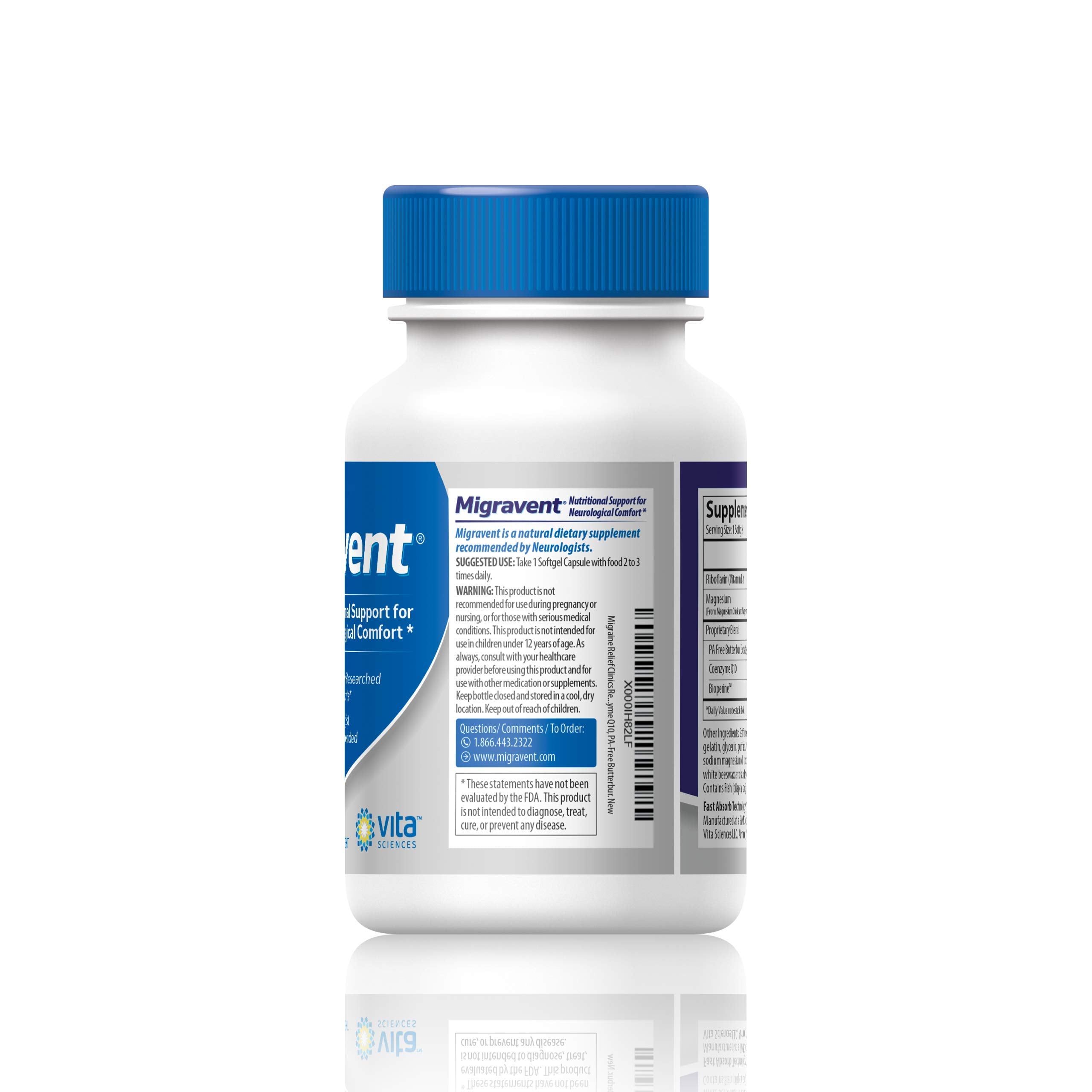 Vita Sciences Migravent riboflavin softgels with clear label for energy metabolism.